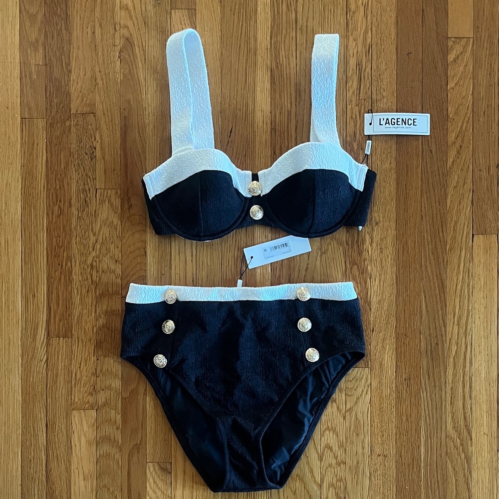 L'AGENCE Black & White High-Waist Bikini with Gold Buttons